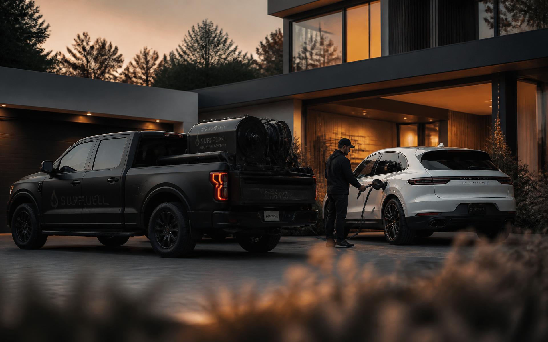 Premium fuel delivery to a luxury SUV in an upscale driveway